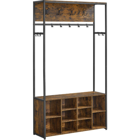 Vasagle – Porte-manteau industriel avec banc à chaussures – Étagères réglables 5 hauteurs – Charge maximale 136 kg – Marron rustique et noir d'encre