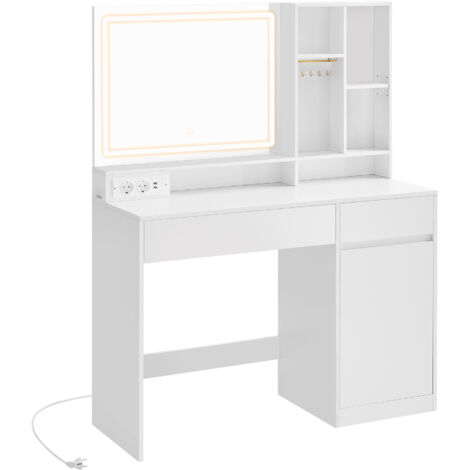Vasagle – Coiffeuse enfant avec miroir éclairé – 2 tiroirs et 6 compartiments – Prises AC et USB – Étagères réglables – Blanc nuage (1/5)