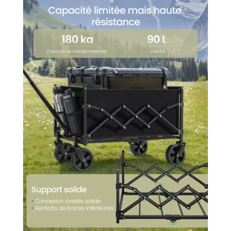 Chariot De Transport Pliable SONGMICS 150 Kg – 4 Roues Dont 2 Pivotantes, Poignée, Pour Jardin, Camping, Plage (Noir)