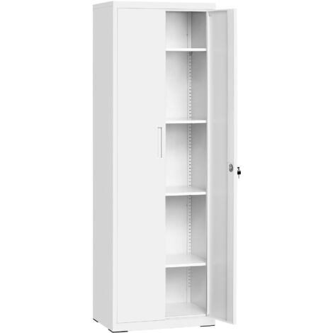 Songmics – Armoire de rangement en acier 180 cm avec 5 étagères réglables – Doubles portes avec serrure – Pour bureau et garage – Blanc