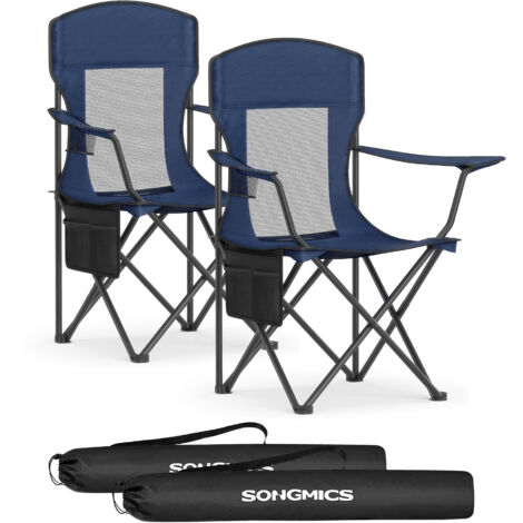 Lot de 2 Chaises de Camping, Chaises Pliantes, Chaises de Pêche, Dossier Haut, Accoudoirs Réglables, Porte-Gobelet, Supporter jusqu’à 150 kg, pour Camping, Jardin, Bleu Port