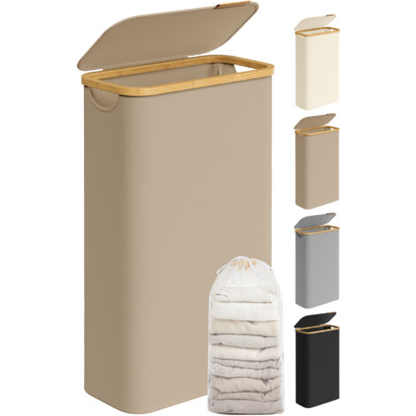 Songmics – Panier à linge mince 65L – Tissu Oxford 600D – Dimensions 42 x 22,5 x 70,5 cm – Couvercle et doublure en maille amovible – Poignées en bambou