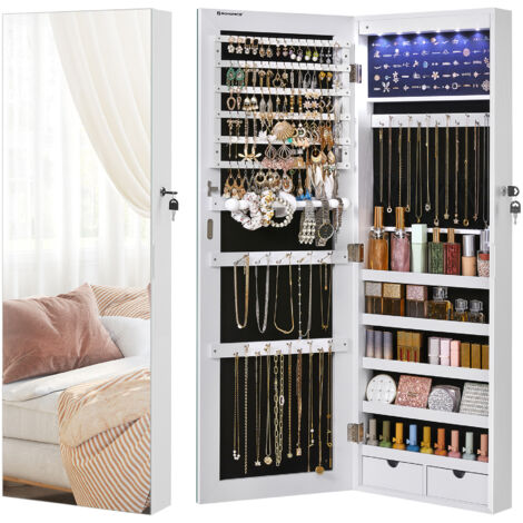 Songmics – Armoire à bijoux suspendue avec miroir 37 x 108 cm – 6 lampes LED – 2 tiroirs – Panneaux MDF – Grande capacité de rangement