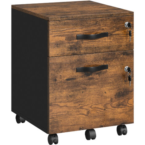 VASAGLE Caisson de Bureau à Roulettes, Verrouillable, avec 2 Tiroirs, 5 Roulettes, Barre de Suspension Réglables, pour Dossiers Suspendus au Format A4, Marron