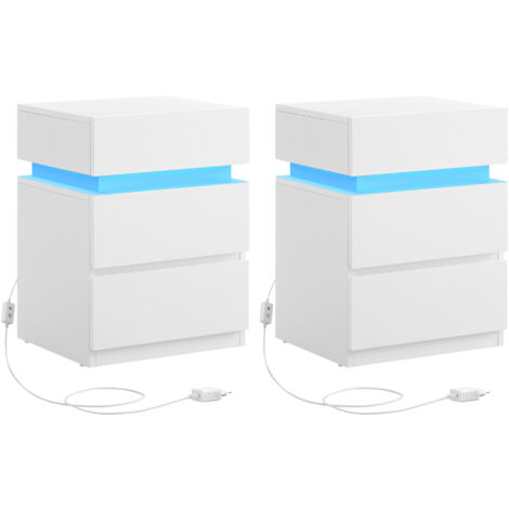 Vasagle – Lot de 2 tables de chevet avec bande LED multicolore – 3 tiroirs – Dimensions 35 x 40 x 55 cm – Panneau d’aggloméré blanc