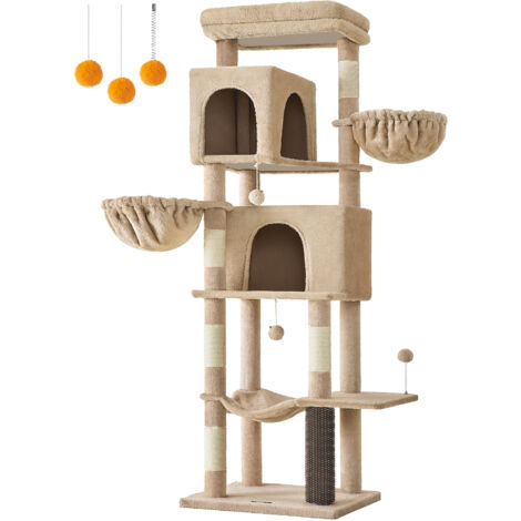 Feandrea – Arbre à chat 175 cm – Multi-niveaux avec 2 niches, 2 paniers, 5 griffoirs – Dispositif d'auto-toilettage et hamac – Marron camel