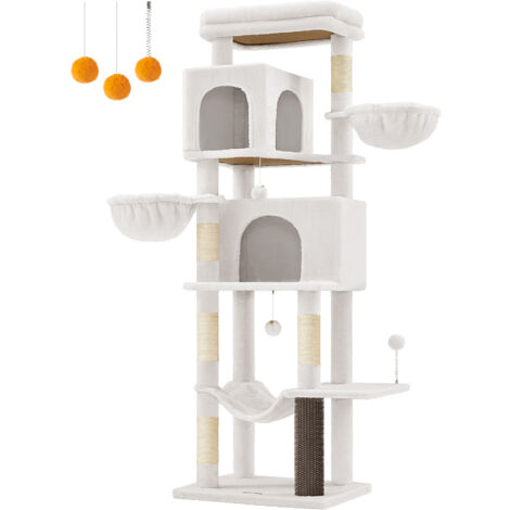 Feandrea – Arbre à chat 175 cm – Multi-niveaux avec 2 niches, 2 paniers, 5 griffoirs – Dispositif auto-toilettage et kit anti-bascule inclus – Blanc crème