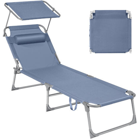 Bain de Soleil, Chaise Longue Pliable, 193 x 53 x 29 cm, Capacité de 150 kg, avec Pare-Soleil, Appuie-Tête, Dossier Réglable, pour Jardin, Piscine, Terrasse, Bleu