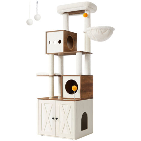 Feandrea – Arbre à chat moderne 180 cm – Cache-litière, griffoir, 2 plateformes, tissu peluche, 2 pompons inclus – Marron miel et blanc rustique