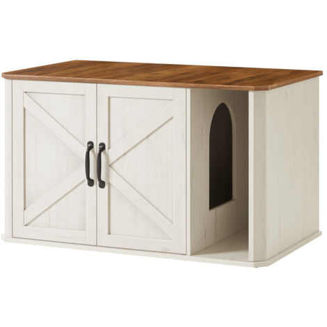 Feandrea – Meuble à litière pour chat – Cache-litière moderne avec entrée par devant – Double porte – 85 x 48,5 x 50 cm – Panneau aggloméré marron miel et blanc