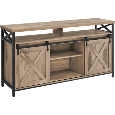 Vasagle – Meuble TV pour téléviseurs jusqu’à 65 pouces – Étagères réglables – Portes imitation grange – Style rustique – Cadre en métal marron camel et noir