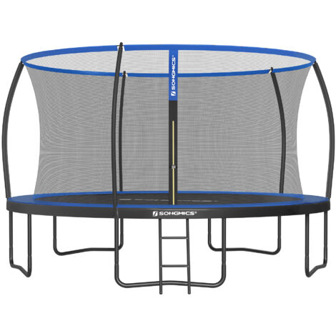 Trampoline Ø 427 cm pour Enfants, Filet de Protection, Poteau Incurvé de 180 cm de Haut, Coussin de Sécurité, Échelle, Cadre en Acier, Certificat TÜV Rheinland GS, Noir et Bleu