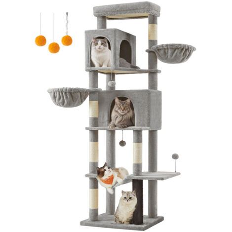 Grand Arbre à Chat, Tour à Chat de 190,7 cm de Haut, Multi-Niveaux, avec 2 Niches, 2 Paniers, 5 Griffoirs, Toilettage Autonome, Perchoir, Hamac, Gris Tourterelle (1/5)