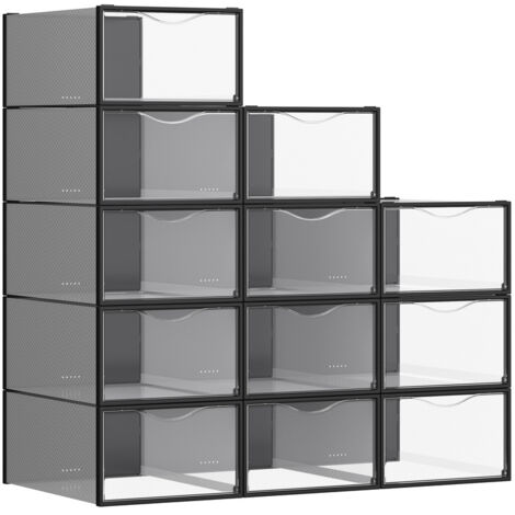 Songmics – Boîtes à chaussures transparentes et noires – Lot de 12 – Empilables – Montage facile – Dimensions 33,2 x 23 x 14,5 cm – Pour pointure jusqu'à 43
