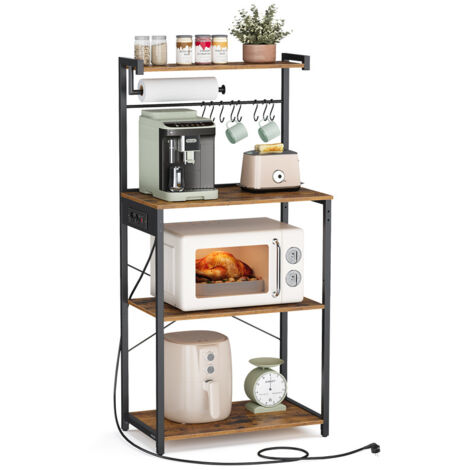 Vasagle – Étagère de cuisine avec multiprise – Bar à café 4 niveaux – Étagère réglable 40 x 60 x 140 cm – Acier et aggloméré marron rustique