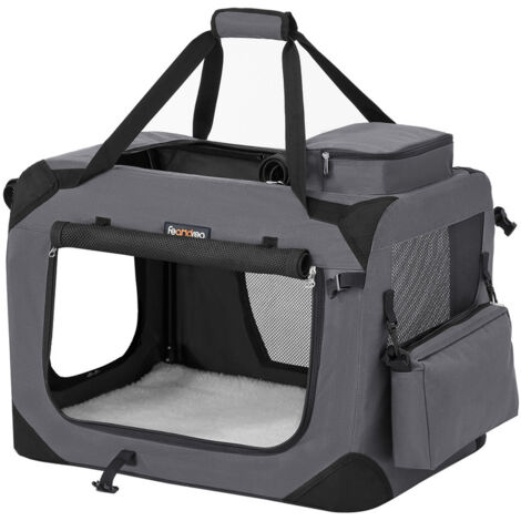 Sac Transport Chat Chien, Caisse Pliable Animaux de Companie, Taille M, Tissu Oxford, Filet, Respirant, Portable, Cadre en Métal, avec Poignées et Pochettes, 60 x 42 x 42 cm, Gris (1/5)