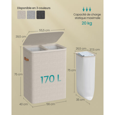 Panier à Linge Pliable Avec Roulettes 110L – Couvercle, Sac Amovible, Design Beige élégant Pour Buanderie Ou Chambre