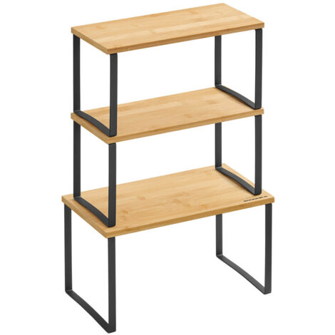Songmics – Lot de 3 étagères à épices empilables en métal et bambou – Noir encre et beige naturel – Dimensions 19x35x18cm et 15x33x16cm (1/5)