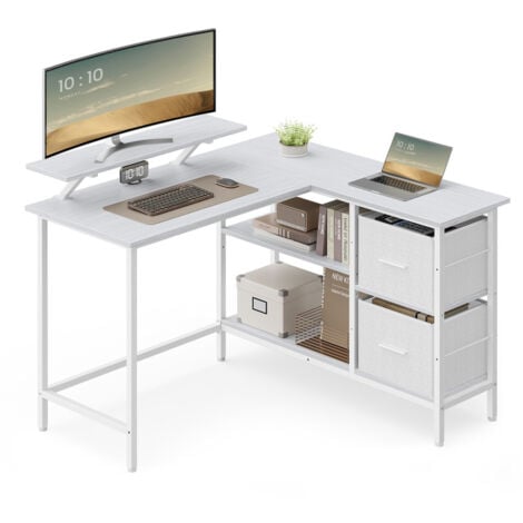 Bureau en Forme de L avec 2 Tiroirs Spacieux, Bureau Gaming avec Support pour Écran, Bureau d’Angle, Bureau d’Ordinateur avec Étagère Réglable, pour Bureau, Blanc