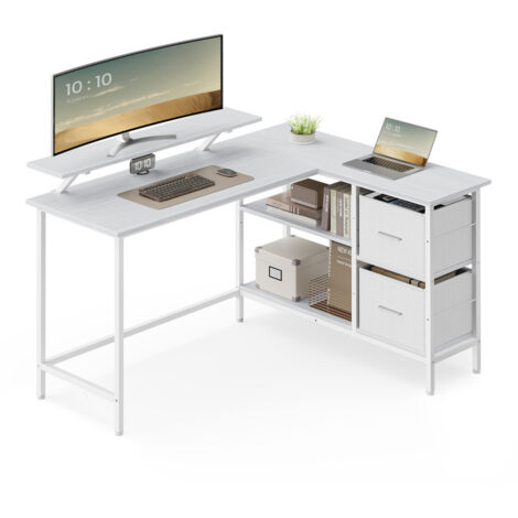 Vasagle – Bureau d'angle en forme de L avec 2 tiroirs spacieux – Support pour écran – Étagère réglable – Dimensions 105 x 135 x 89,5 cm – Couleur blanc érable