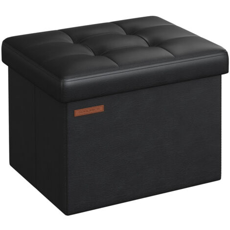 Petit Tabouret de Rangement Pliable, Repose-Pieds, Pouf, PU, 31 x 41 x 31 cm, Capacité de Charge 130 kg, pour Salon, Chambre, Dortoir, Noir d’Encre (1/5)