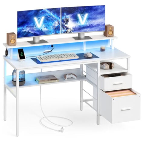 VASAGLEBureauGamingavecLumièresLEDetMultiprise,BureauInformatiqueavecSupportd
