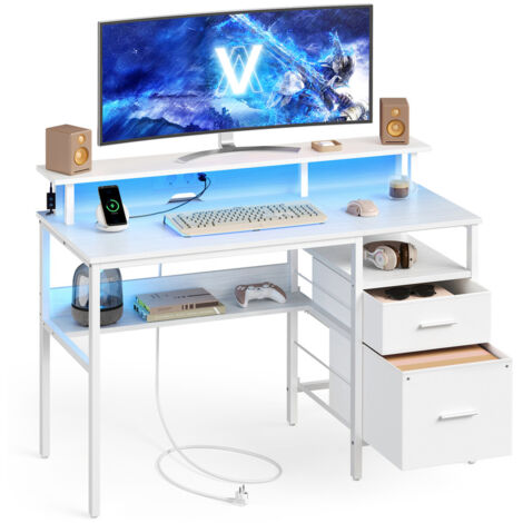 Vasagle – Bureau gaming avec éclairage LED – 2 ports USB et multiprise intégrée – Support écran ajustable – Rangement avec 2 tiroirs – Blanc érable 120x55x90cm