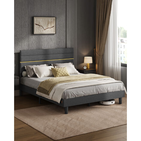 Vasagle – Lit double 160x200 cm – Cadre en métal et bois massif – Tête de lit rembourrée ajustable – Conception moderne gris ardoise