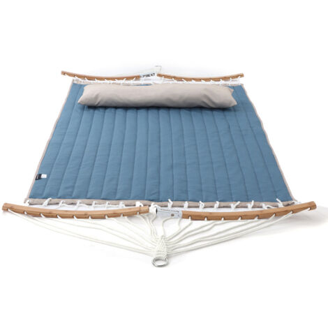 Hamac Double Rembourré, Hamac Matelassé, avec Barres Incurvées Démontable en Bambou, avec Oreiller, 200 x 140 cm, Capacité de Charge 225 kg, Bleu et Beige