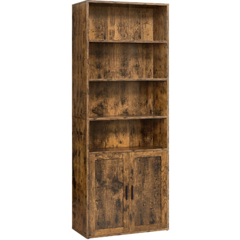 Vasagle – Bibliothèque étagère haute 6 niveaux – 24 x 60 x 175 cm – Panneaux aggloméré et MDF – Rangement ouvert avec portes – Marron rustique
