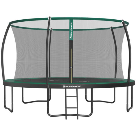 Trampoline pour Enfants Diamètre 427 cm, Filet de Protection, Poteau Incurvé de 180 cm de Haut, Coussins de Sécurité, Échelle, Cadre en Acier, Noir et Vert (1/5)