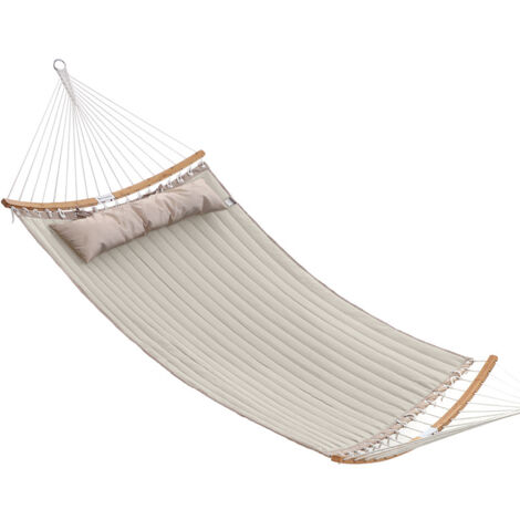 Hamac Double Rembourré, Hamac Matelassé, avec Barres Incurvées Démontable en Bambou, avec Oreiller, 200 x 140 cm, Capacité de Charge 225 kg, Crème et Beige (1/5)