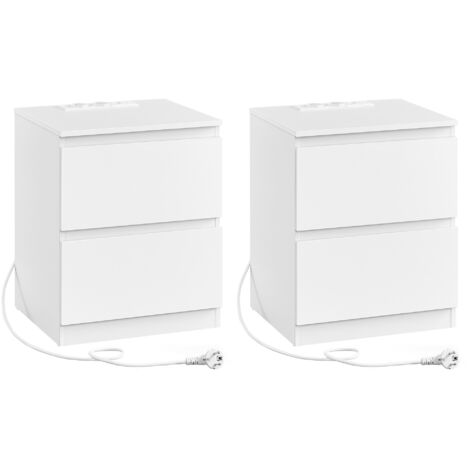 Vasagle – Lot de 2 tables de chevet modernes – Multiprise intégrée avec 2 prises CA, 1 USB, 1 USB-C – 2 tiroirs – Dimensions 35x40x49cm – Blanc nuage