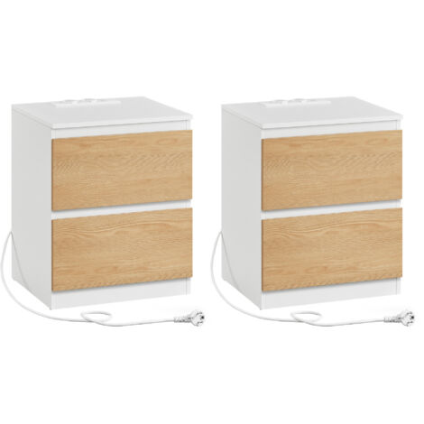 Vasagle – Lot de 2 tables de chevet avec multiprise – 2 tiroirs – 2 prises CA, 1 port USB, 1 USB-C – Design minimaliste jaune amande – Dimensions 35x40x49cm