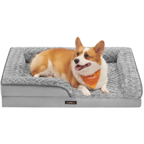 Panier pour Chien, Lit pour Animal, Orthopédique, Mousse Alvéolée, Bords Surélevés Rembourrés, Housse Amovible en Tissu Peluche aux Motifs Roses, 91 x 68 x 16 cm, Gris Tourterelle