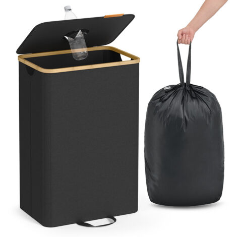 Poubelle de Recyclage pour Bouteilles et Canettes, 95 L, Collecteur d’Emballage de Boisson, avec Trou, Couvercle, Sac avec Poignées, Cuisine, Noir d'Encre et Beige Naturel
