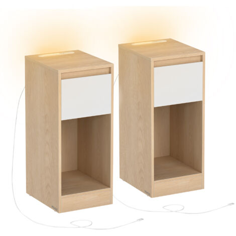 Lot de 2, Table de Chevet Étroite, Table d’Appoint, avec Éclairage LED, 1 Port USB-A, 1 Port USB-C, Tiroirs et Compartiments Ouverts, pour Chambre, Salon, Jaune Amande et Blanc Nuage