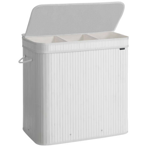 Panier à Linge Sale avec Couvercle, Corbeille Linge Sale en Bambou, Sac Intérieur Amovible et Lavable en Machine, Poignées, Volume 150 L, Buanderie, Chambre, Salon, Blanc Nuage (1/5)