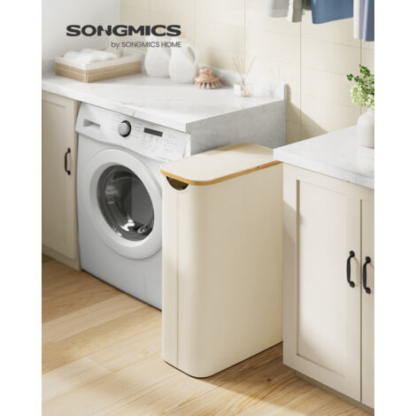 Songmics – Panier à linge mince 65L – Tissu Oxford 600D résistant – Doublure en maille amovible – Dimensions 42 x 22,5 x 70,5 cm – Poignées en bambou