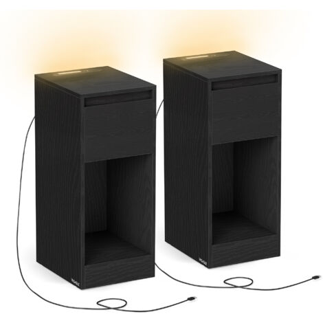 Vasagle – Lot de 2 tables de chevet étroites avec éclairage LED – 1 port USB-A, 1 port USB-C – Compartiments ouverts – Noir boisé – Dimensions 30x25x59,5 cm