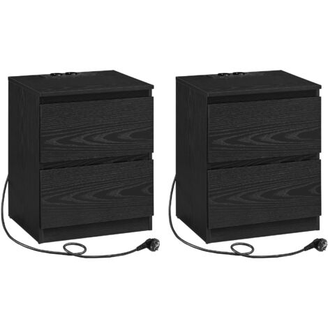 Vasagle – Lot de 2 tables de chevet noir boisé – Multiprise avec 2 prises CA, 1 USB, 1 USB-C – 2 tiroirs spacieux – Montage facile