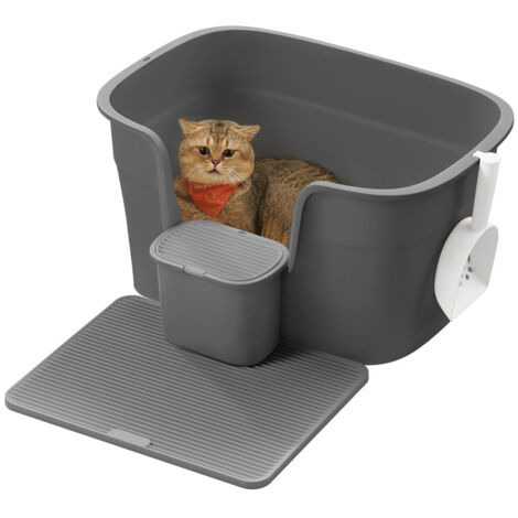 Bac à Litière pour Foyers Multi-Chats, Litière Extra Large avec Paroi Latérale, Avec un Tapis de Litière, Boîte de Rangement, Pelle, pour Grand Chat, Gris Ardoise (1/5)