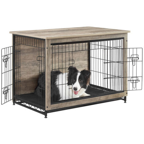 Cage pour Chiens, Table d’Appoint, Niche Moderne pour Chiens Jusqu’à 32 kg, Cage pour Chiots, Plateau Amovible, Maisonnette pour Animaux, 2 Portes, Grège (1/5)