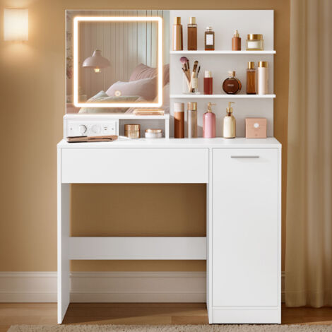 KAILYN Collection - Coiffeuse avec Miroir LED, avec Multiprise, Compartiment avec 2 Étagères Réglables, 1 Tiroir, 2 Étagères, Coin Beauté, Moderne, Blanc