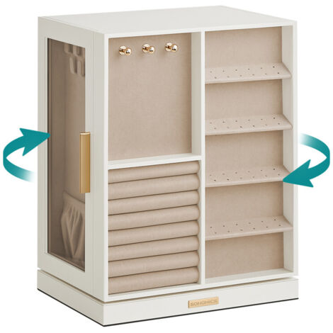 Songmics – Boîte à bijoux pivotante 360° – Coffret avec 5 tiroirs et fenêtres en verre – Rangement vertical pour colliers – Dimensions 16x22,2x28,5cm – Blanc nuage
