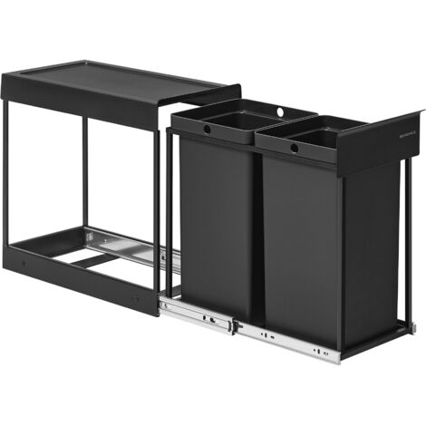 Songmics – Poubelle de tri sélectif coulissante 2 seaux 15 L – Structure acier avec couvercle ABS – Installation simple en placard – Noir d'encre