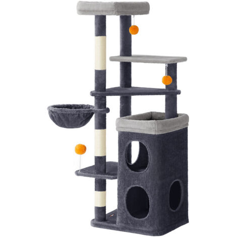 Arbre à Chat 152 cm de Haut, Tour de Jeux pour Chat à Plusieurs Niveaux, avec 2 Grandes Niches, 1 Hamac, 3 Poteaux à Griffer, 3 Plateformes, Gris Foncé