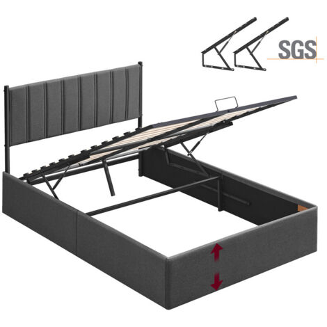 Vasagle – Cadre de lit 140 x 190 cm – Sommier relevable avec rangement – Tête de lit en tissu – Système hydraulique – Montage facile – Gris foncé (1/5)