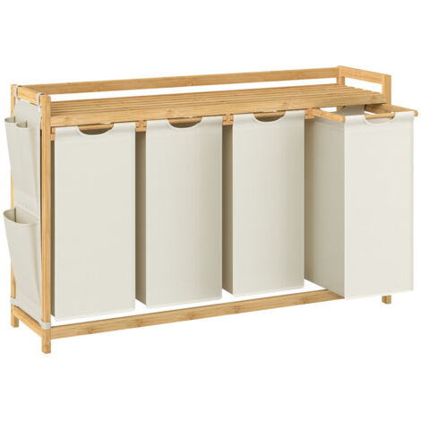 Panier à Linge, avec 4 Compartiments, Corbeille à Linge Sale, en Bambou, Capacité de 200 Litres, avec Étagère, Poches Latérales, 4 x 50 L, 124,6 x 33 x 78 cm, Blanc Crème