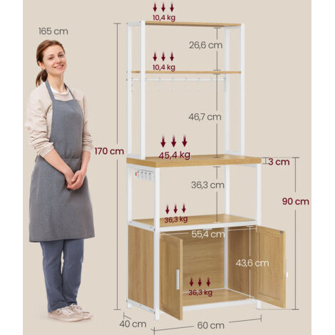 Étagère De Rangement Cuisine 5 Niveaux Avec Plan De Travail - 170x80x40 Cm - Blanc - Support Micro-ondes, Bouteilles, Outils - 5